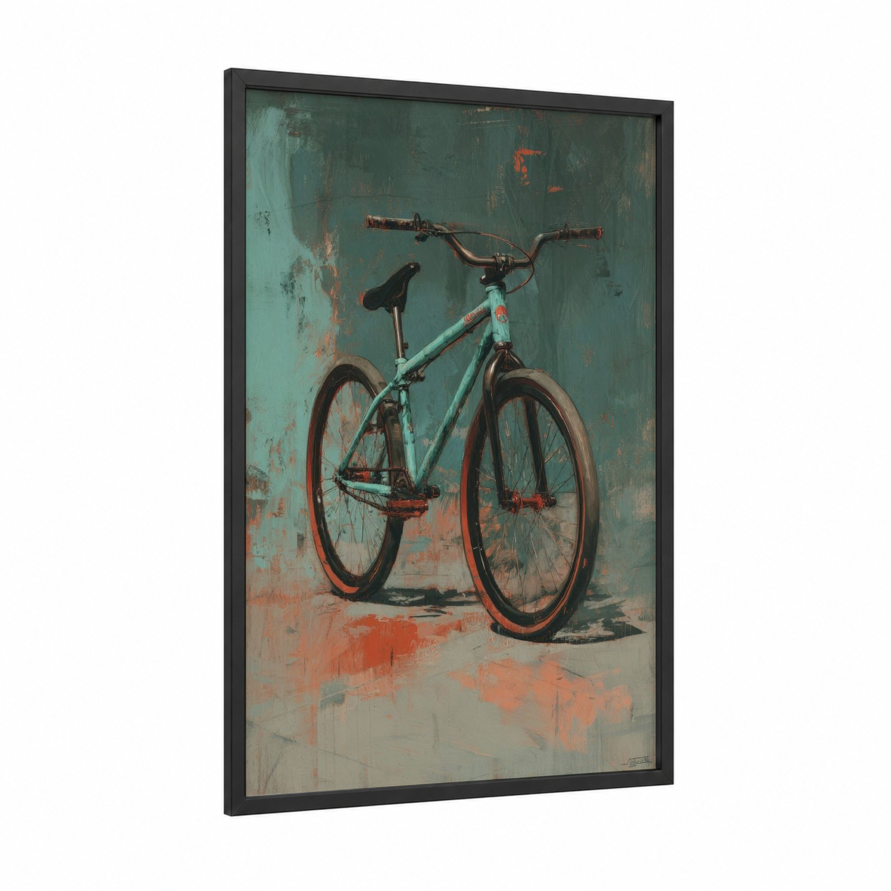 Vintage Urban Bicycle framed art print — black wood frame — teal palette