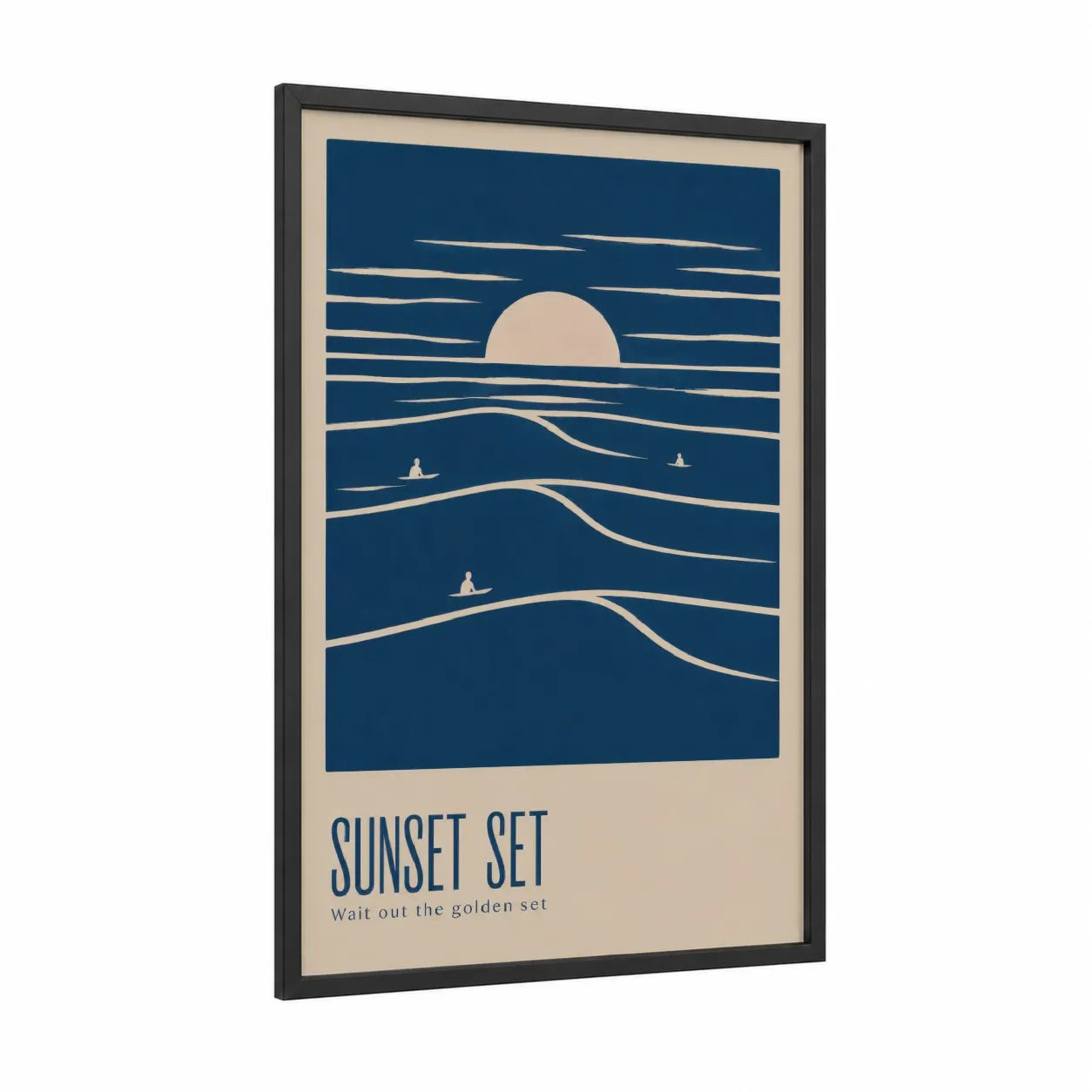Ocean Sunset Surfers Minimalist Wall Art framed surfing print — black wood frame — blue and beige palette