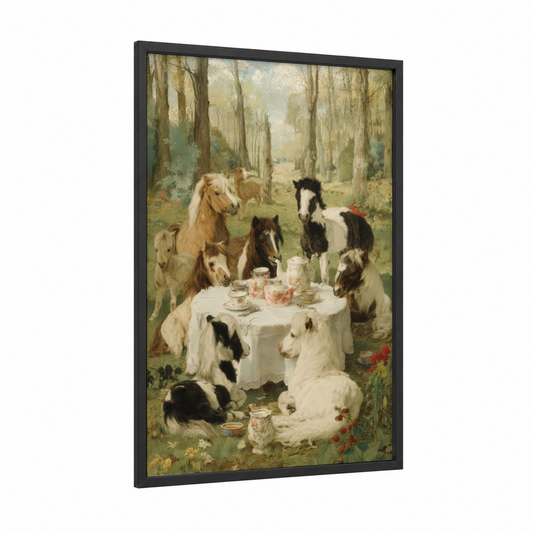 Woodland Tea Party framed miniature horse print — black wood frame — cream and sage green palette