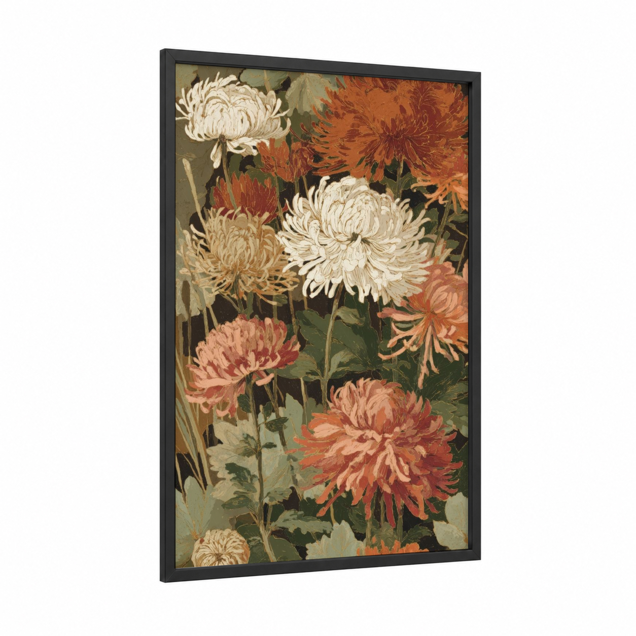 Autumn Chrysanthemum framed art print — black wood frame — russet and cream palette
