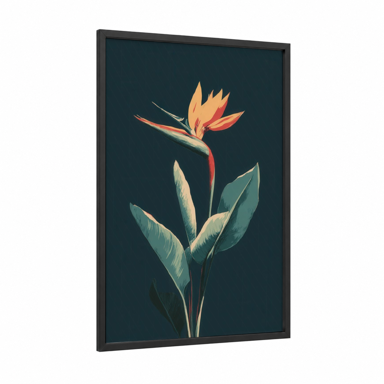 Golden Bird Paradise framed birds of paradise print — black wood frame — gold and teal palette