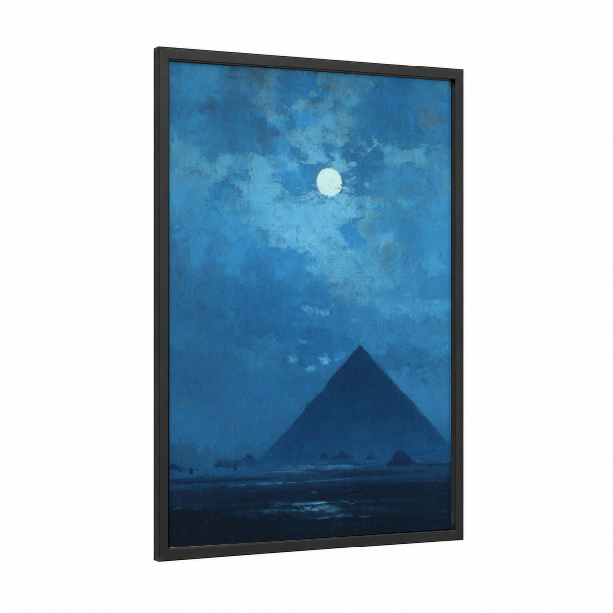 Moonlit Pyramid framed great pyramid of giza print — black wood frame — blue and white palette
