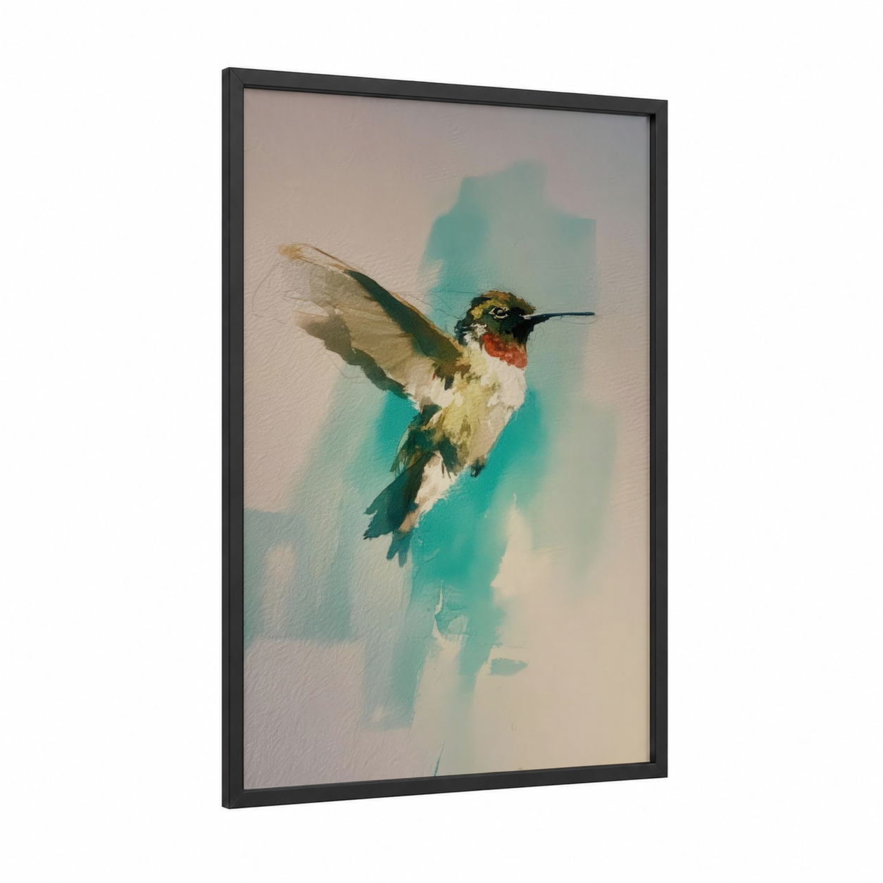 Ruby Hummingbird framed art print — black wood frame — teal and cream palette