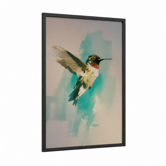 Ruby Hummingbird framed art print — black wood frame — teal and cream palette