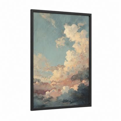 Serene Morning Sky framed art print — black wood frame — blue and cream palette