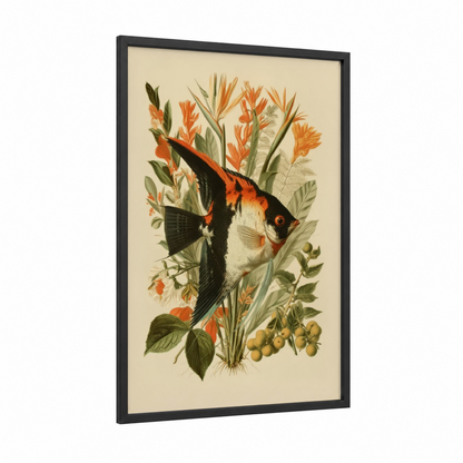 Angelfish Botanical framed angel fish print — black wood frame — cream and orange palette