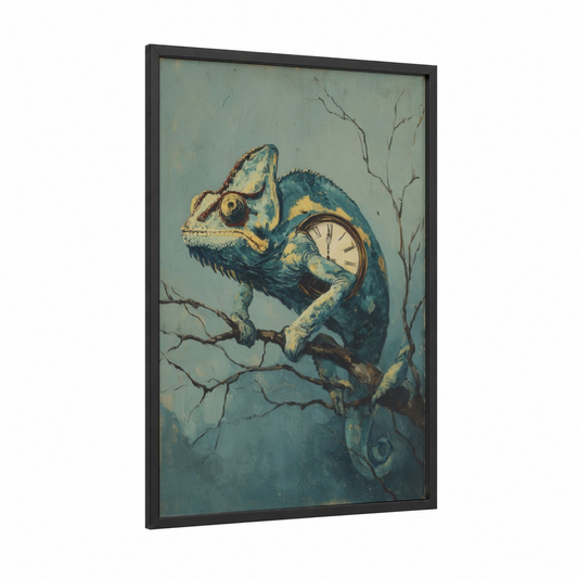 Clockwork Chameleon framed art print — black wood frame — teal and gold palette