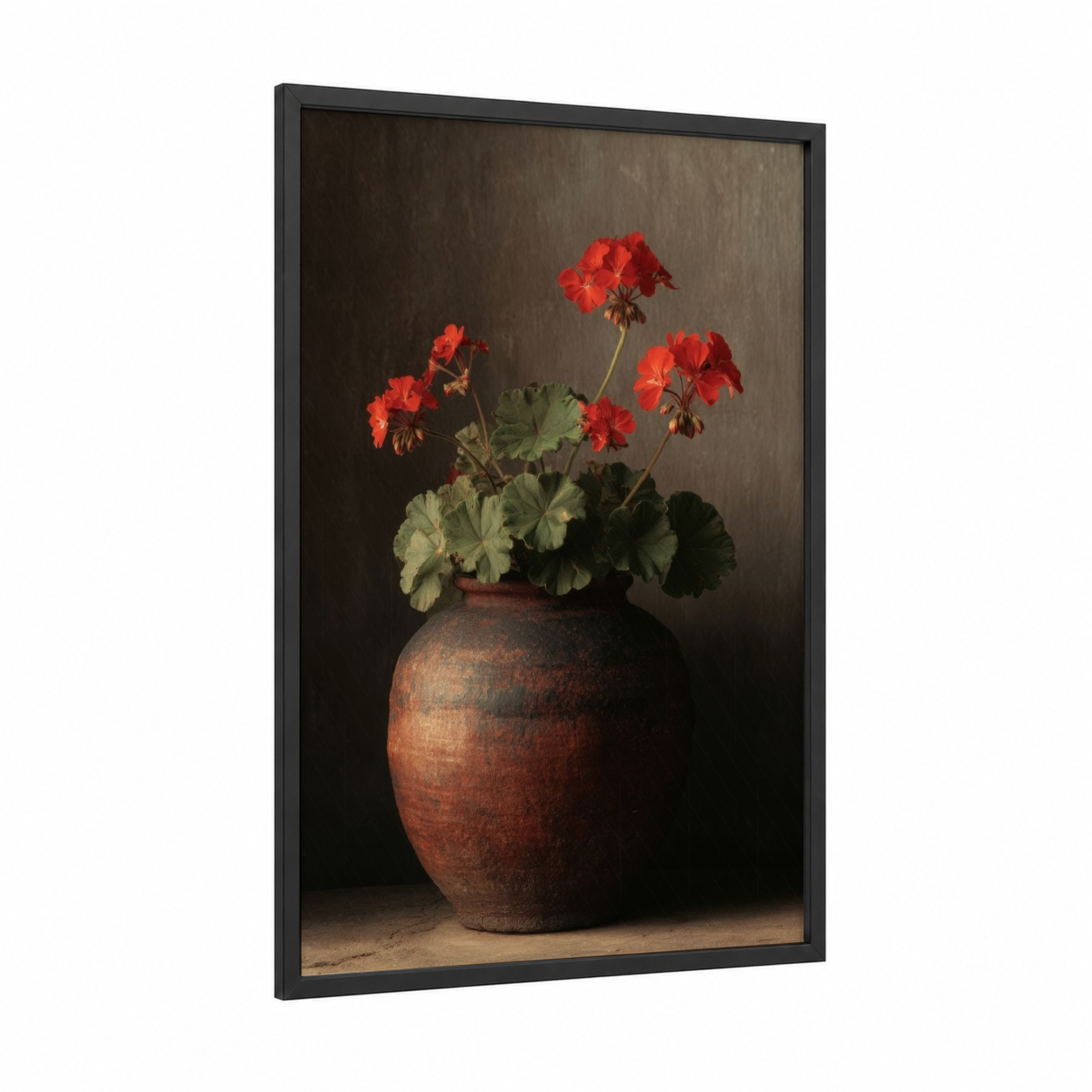 Rustic Geranium Pottery framed art print — black wood frame — red and brown palette