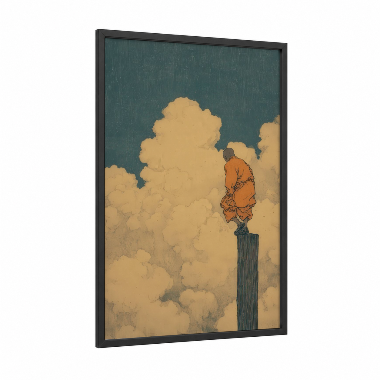 Cloud Warrior framed kung fu print — black wood frame — gold and teal palette
