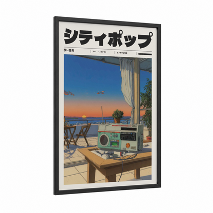 Sunset Boombox framed anime and manga print — black wood frame — blue and orange palette