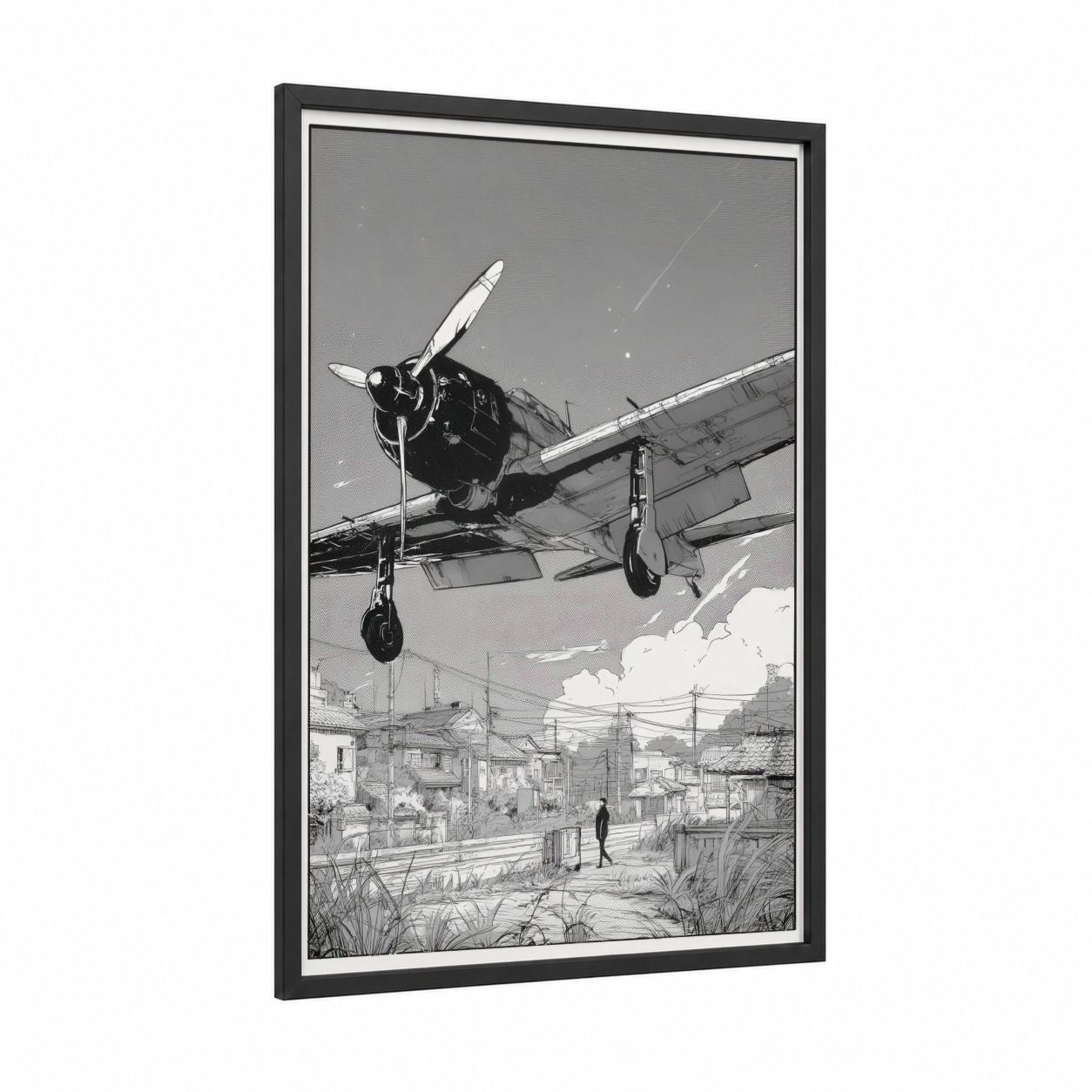 Vintage Airplane Arrival framed art print — black wood frame — black and white palette