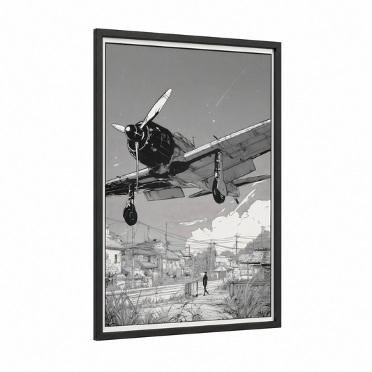 Vintage Airplane Arrival framed art print — black wood frame — black and white palette