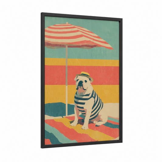 Retro Beach Bulldog framed retro fashion print — black wood frame — turquoise and salmon pink palette