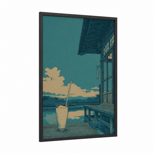 Lakeside Milkshake framed art print — black wood frame — teal and cream palette