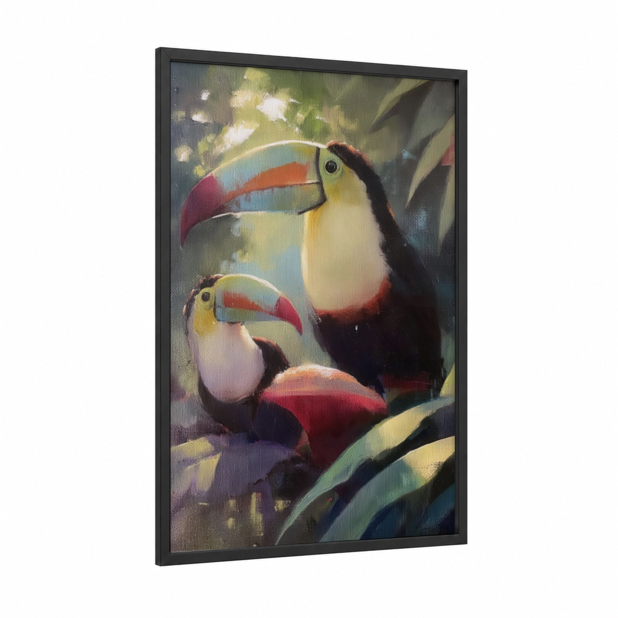 Tropical Toucan Pair framed art print — black wood frame — orange and green palette
