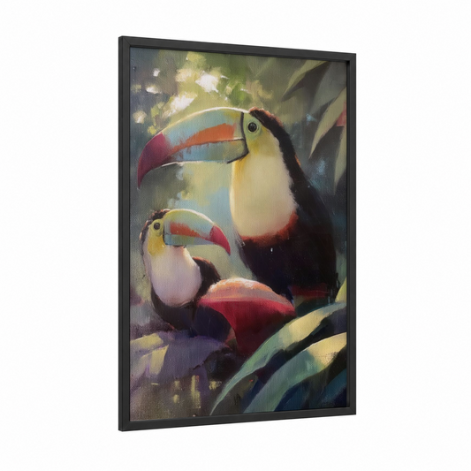 Tropical Toucan Pair framed art print — black wood frame — orange and green palette