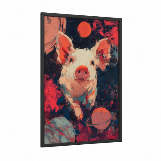 Cosmic Pig framed art print — black wood frame — red and blue palette