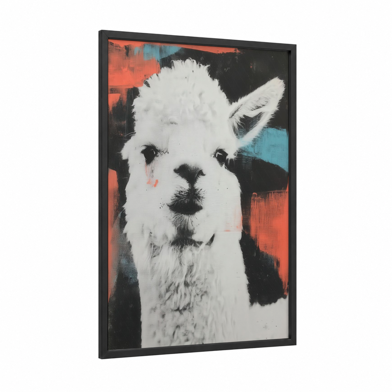 Neon Alpaca framed art print — black wood frame — white and red palette