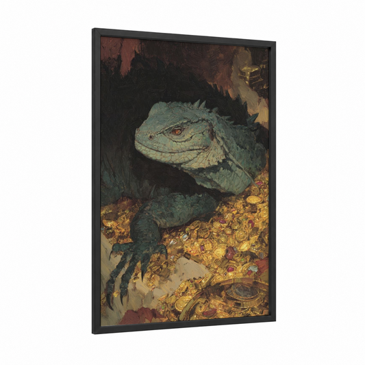Emerald Basilisk framed art print — black wood frame — dark green and gold palette