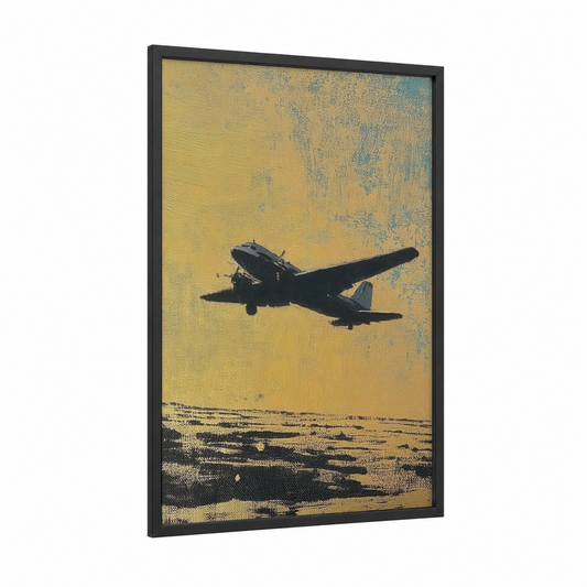 Golden Hour Vintage framed vintage airplane print — black wood frame — yellow gold and teal palette