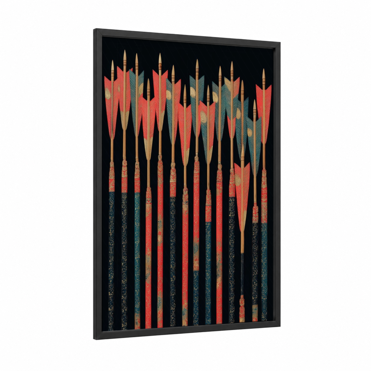 Vintage Archery Collection framed art print — black wood frame — russet and teal palette
