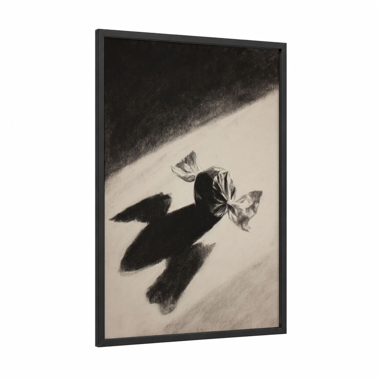 Wrapped Candy Study framed sweet print — black wood frame — black and white palette