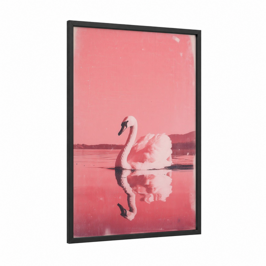 Crimson Swan Reflection framed art print — black wood frame — pink and rose gold palette