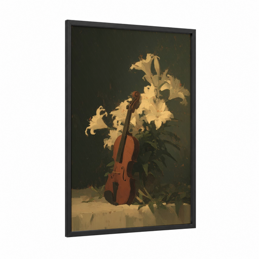 Violin Lilies framed art print — black wood frame — cream and espresso palette