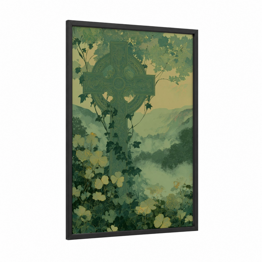 Celtic Cross Garden framed st. patrick's day print — black wood frame — green and champagne gold palette