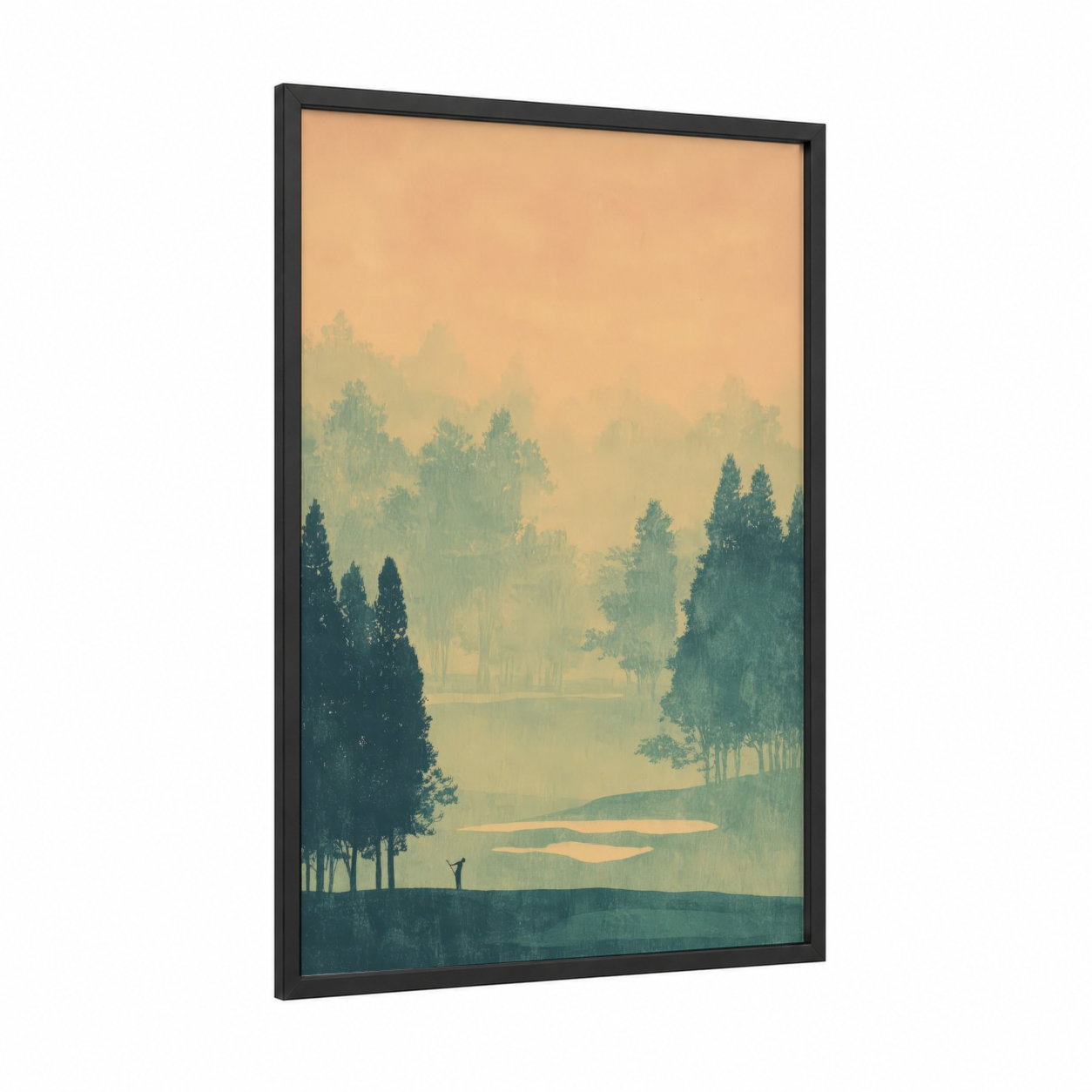 Misty Golf Course framed art print — black wood frame — peach and sage green palette