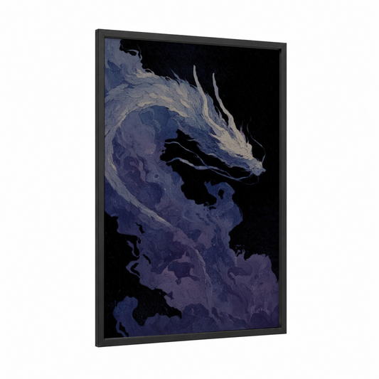 Ethereal Dragon framed art print — black wood frame — dark blue and black and white palette