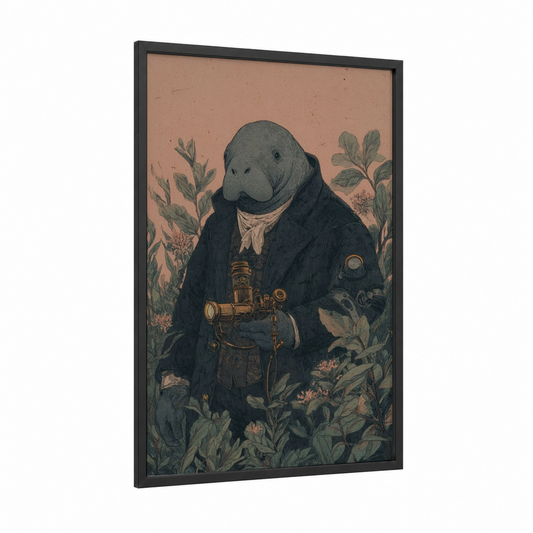 Steampunk Manatee framed manatees print — black wood frame — beige and sage green palette
