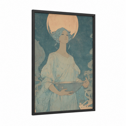 Celestial Cancer framed art print — black wood frame — teal and cream palette