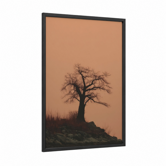 Solitary Baobab framed baobab tree print — black wood frame — peach and black palette