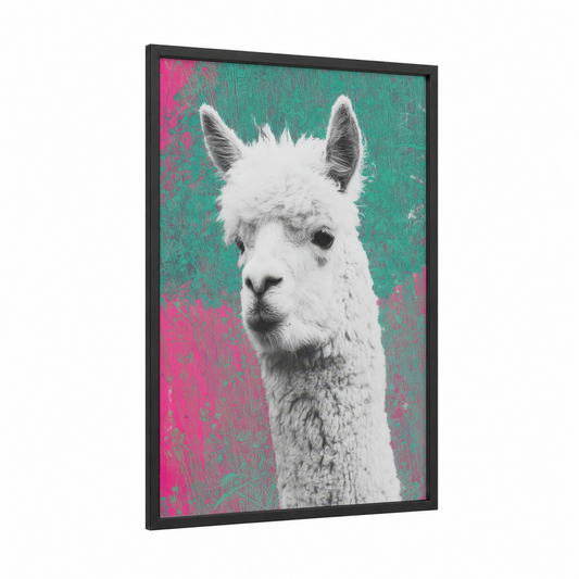 Whimsical Alpaca framed art print — black wood frame — magenta and teal palette