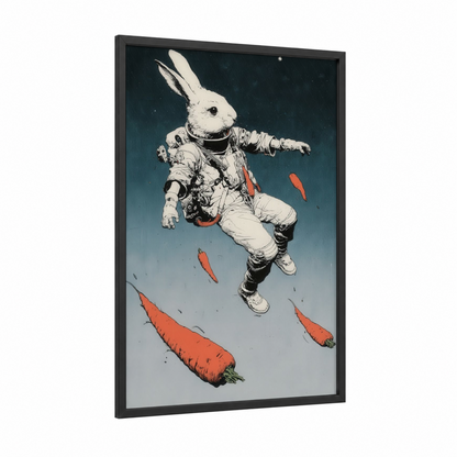 Astronaut Rabbit framed art print — black wood frame — black and white and teal palette
