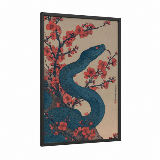 Blossom Cobra framed art print — black wood frame — dark blue and red palette