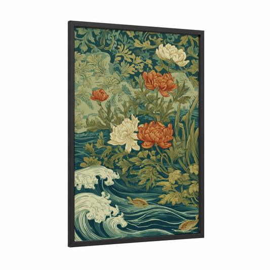 Ornamental Lake Garden framed lakes print — black wood frame — dark green and cream palette