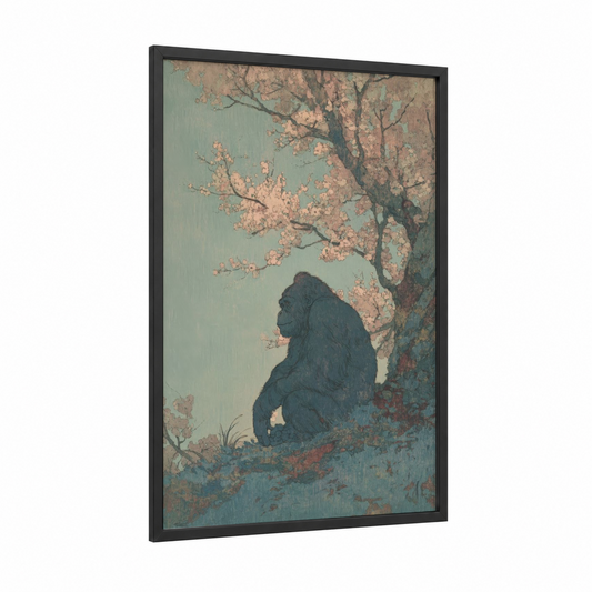 Contemplative Orangutan framed art print — black wood frame — sage green and salmon pink palette