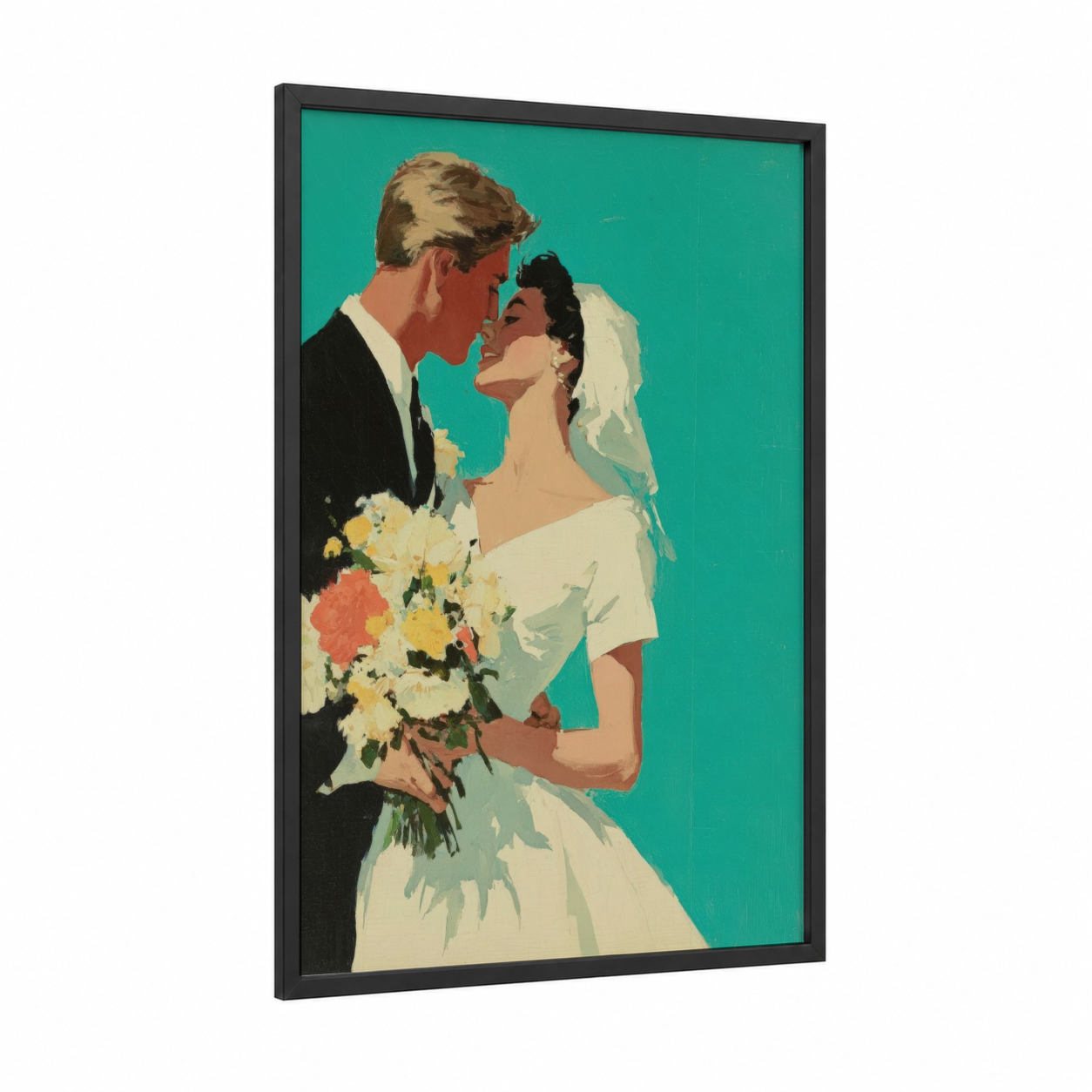 Vintage Wedding Kiss framed groom and bride print — black wood frame — teal and cream palette