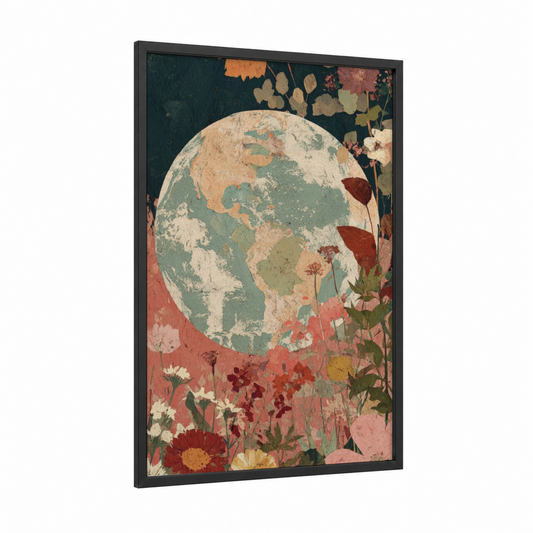 Earth Blooms framed earth day print — black wood frame — cream and sage green palette
