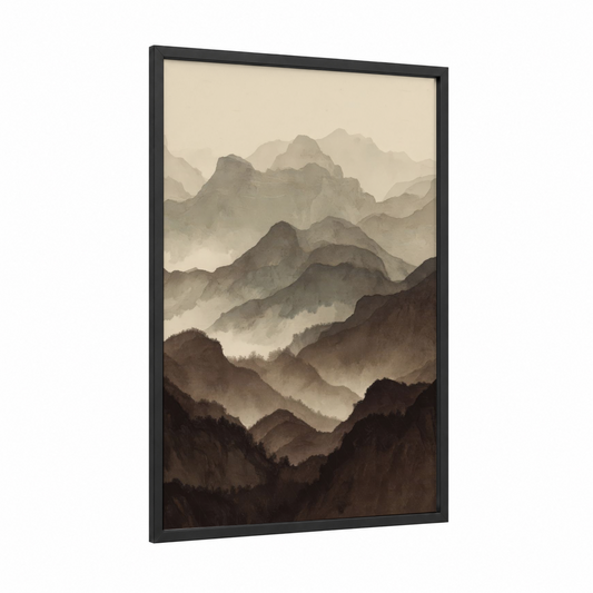 Misty Mountain Layers framed art print — black wood frame — gray and beige palette