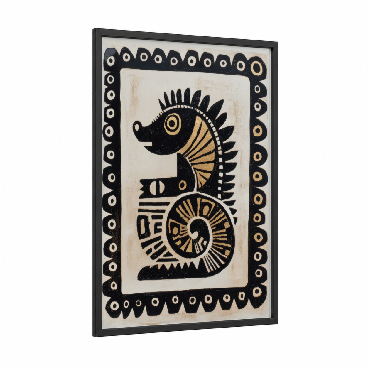 Seahorse Mystique framed abstract traditional print — black wood frame — black and gold and cream palette