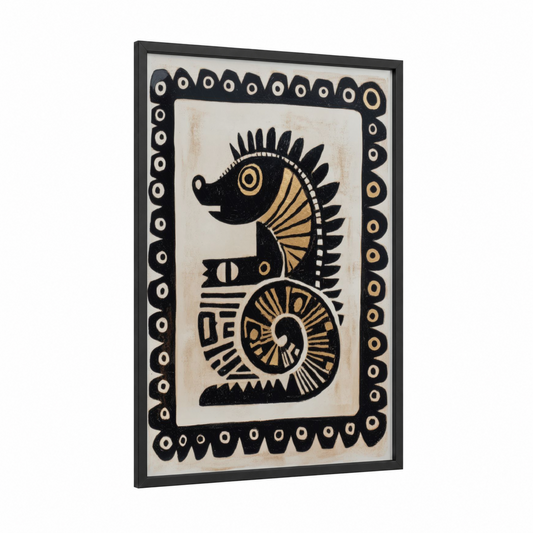Seahorse Mystique framed abstract traditional print — black wood frame — black and gold and cream palette