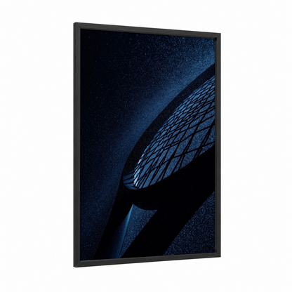 Midnight Racquetball framed art print — black wood frame — dark blue and black palette