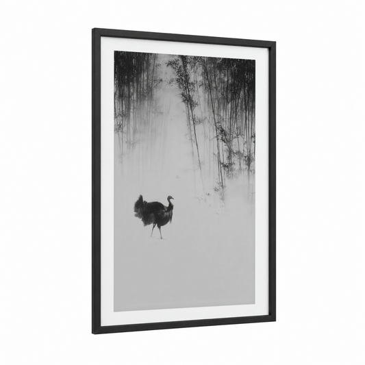 Snowy Turkey framed art print — black wood frame — black and white and gray palette