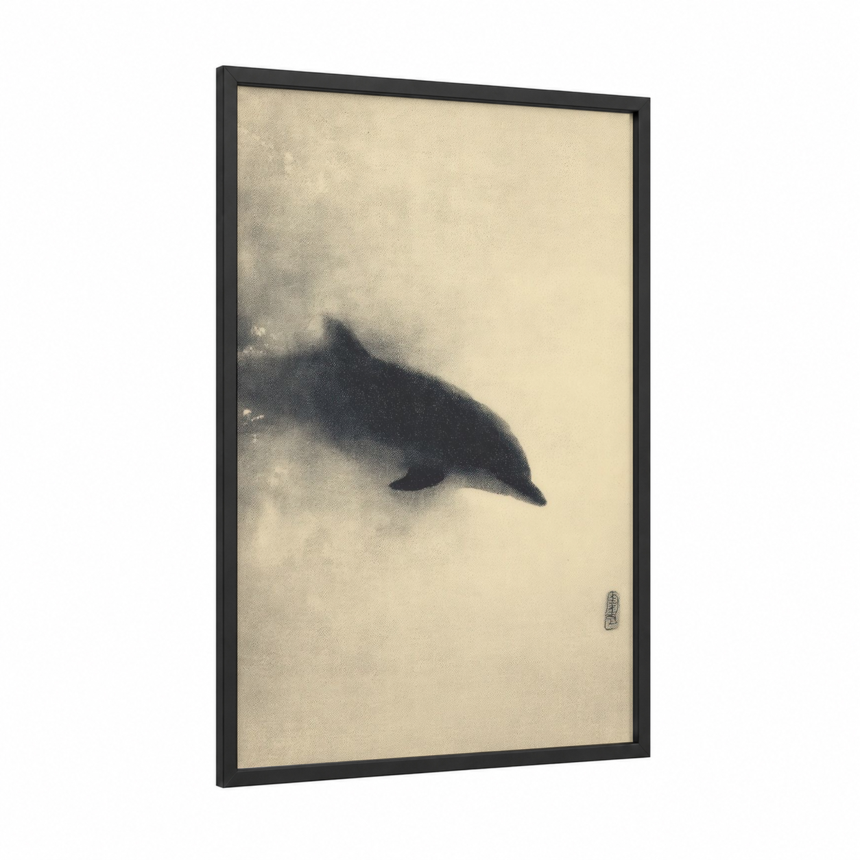 Misty Dolphin framed dolphins print — black wood frame — black and white and cream palette