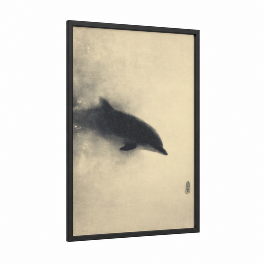 Misty Dolphin framed dolphins print — black wood frame — black and white and cream palette