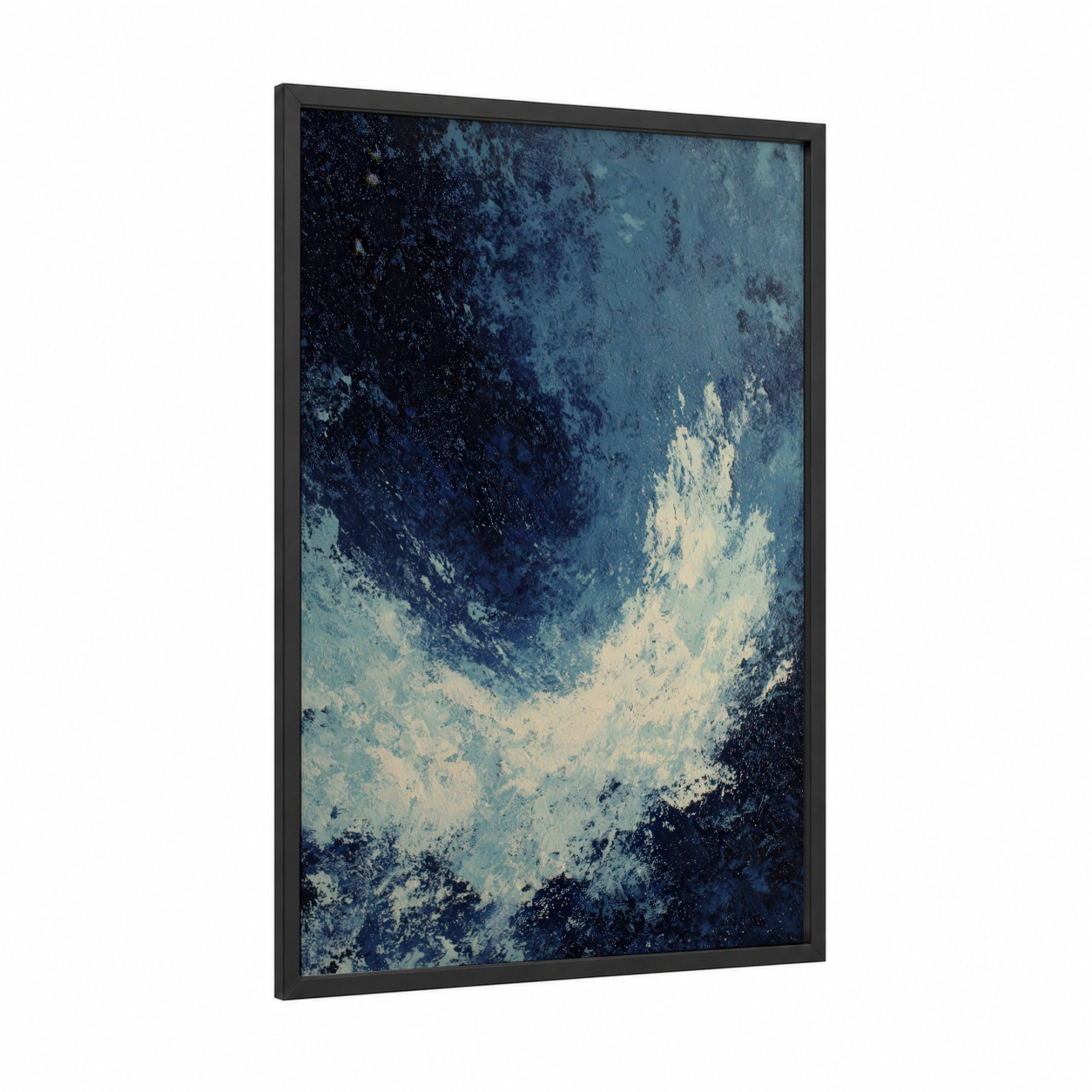 Twilight Swimmer framed swimming print — black wood frame — dark blue and cream palette