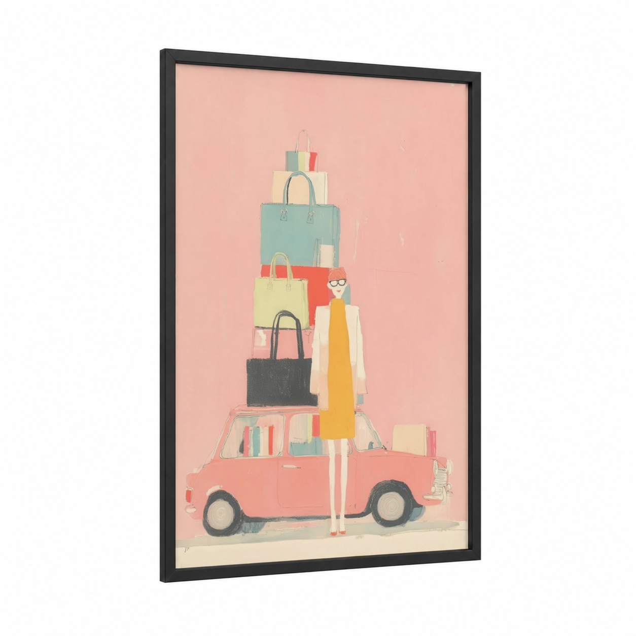Shopping Chic framed fashion illustration print — black wood frame — peach and teal palette